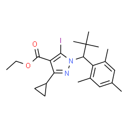 ChemSpider 2D Image | Ethyl 3-cyclopropyl-5-iodo-1-(1-mesityl-2,2-dimethylpropyl)-1H-pyrazole-4-carboxylate | C23H31IN2O2