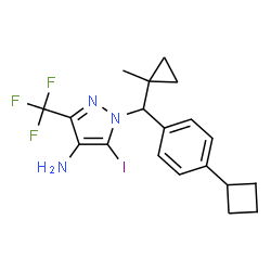 ChemSpider 2D Image | 1-[(4-Cyclobutylphenyl)(1-methylcyclopropyl)methyl]-5-iodo-3-(trifluoromethyl)-1H-pyrazol-4-amine | C19H21F3IN3
