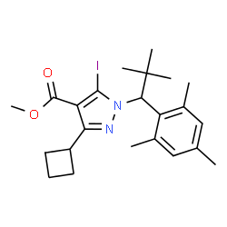 ChemSpider 2D Image | Methyl 3-cyclobutyl-5-iodo-1-(1-mesityl-2,2-dimethylpropyl)-1H-pyrazole-4-carboxylate | C23H31IN2O2