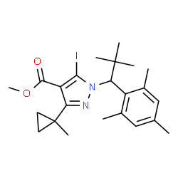 ChemSpider 2D Image | Methyl 5-iodo-1-(1-mesityl-2,2-dimethylpropyl)-3-(1-methylcyclopropyl)-1H-pyrazole-4-carboxylate | C23H31IN2O2