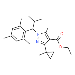 ChemSpider 2D Image | Ethyl 5-iodo-1-(1-mesityl-2-methylpropyl)-3-(1-methylcyclopropyl)-1H-pyrazole-4-carboxylate | C23H31IN2O2