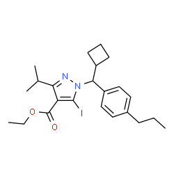 ChemSpider 2D Image | Ethyl 1-[cyclobutyl(4-propylphenyl)methyl]-5-iodo-3-isopropyl-1H-pyrazole-4-carboxylate | C23H31IN2O2