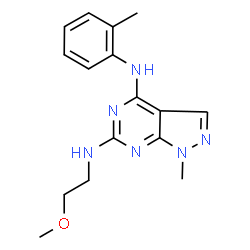 ChemSpider 2D Image | N6-(2-methoxyethyl)-1-methyl-N4-(2-methylphenyl)pyrazolo[3,4-d]pyrimidine-4,6-diamine | C16H20N6O