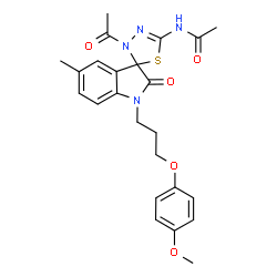 ChemSpider 2D Image | N-{3'-Acetyl-1-[3-(4-methoxyphenoxy)propyl]-5-methyl-2-oxo-1,2-dihydro-3'H-spiro[indole-3,2'-[1,3,4]thiadiazol]-5'-yl}acetamide | C24H26N4O5S