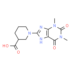 ChemSpider 2D Image | 1-(1,3-Dimethyl-2,6-dioxo-2,3,6,7-tetrahydro-1H-purin-8-yl)-3-piperidinecarboxylic acid | C13H17N5O4