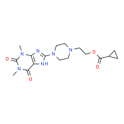 ChemSpider 2D Image | 2-[4-(1,3-Dimethyl-2,6-dioxo-2,3,6,7-tetrahydro-1H-purin-8-yl)-1-piperazinyl]ethyl cyclopropanecarboxylate | C17H24N6O4
