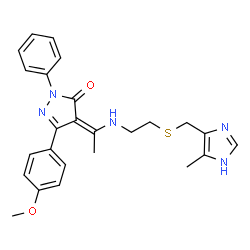 ChemSpider 2D Image | (4Z)-5-(4-Methoxyphenyl)-4-{1-[(2-{[(4-methyl-1H-imidazol-5-yl)methyl]sulfanyl}ethyl)amino]ethylidene}-2-phenyl-2,4-dihydro-3H-pyrazol-3-one | C25H27N5O2S