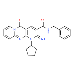ChemSpider 2D Image | N-Benzyl-1-cyclopentyl-2-imino-5-oxo-1,5-dihydro-2H-dipyrido[1,2-a:2',3'-d]pyrimidine-3-carboxamide | C24H23N5O2