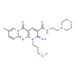 ChemSpider 2D Image | 2-Imino-1-(3-methoxypropyl)-8-methyl-N-[2-(4-morpholinyl)ethyl]-5-oxo-1,5-dihydro-2H-dipyrido[1,2-a:2',3'-d]pyrimidine-3-carboxamide | C23H30N6O4