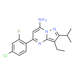 ChemSpider 2D Image | 5-(4-Chloro-2-fluorophenyl)-3-ethyl-2-isopropylpyrazolo[1,5-a]pyrimidin-7-amine | C17H18ClFN4