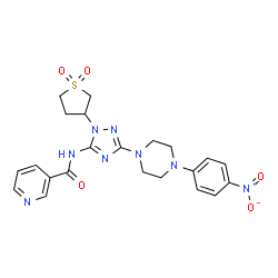 ChemSpider 2D Image | N-{1-(1,1-Dioxidotetrahydro-3-thiophenyl)-3-[4-(4-nitrophenyl)-1-piperazinyl]-1H-1,2,4-triazol-5-yl}nicotinamide | C22H24N8O5S