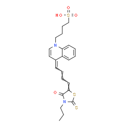 ChemSpider 2D Image | 4-[(4Z)-4-[(2E,4E)-4-(4-Oxo-3-propyl-2-thioxo-1,3-thiazolidin-5-ylidene)-2-buten-1-ylidene]-1(4H)-quinolinyl]-1-butanesulfonic acid | C23H26N2O4S3