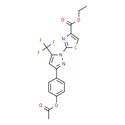 ChemSpider 2D Image | Ethyl 2-[3-(4-acetoxyphenyl)-5-(trifluoromethyl)-1H-pyrazol-1-yl]-1,3-thiazole-4-carboxylate | C18H14F3N3O4S
