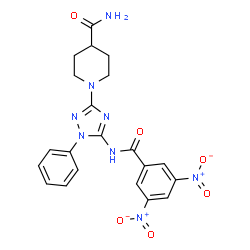 ChemSpider 2D Image | 1-{5-[(3,5-Dinitrobenzoyl)amino]-1-phenyl-1H-1,2,4-triazol-3-yl}-4-piperidinecarboxamide | C21H20N8O6