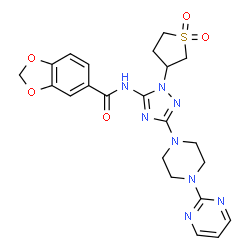 ChemSpider 2D Image | N-{1-(1,1-Dioxidotetrahydro-3-thiophenyl)-3-[4-(2-pyrimidinyl)-1-piperazinyl]-1H-1,2,4-triazol-5-yl}-1,3-benzodioxole-5-carboxamide | C22H24N8O5S