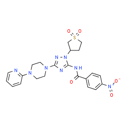 ChemSpider 2D Image | N-{1-(1,1-Dioxidotetrahydro-3-thiophenyl)-3-[4-(2-pyridinyl)-1-piperazinyl]-1H-1,2,4-triazol-5-yl}-4-nitrobenzamide | C22H24N8O5S
