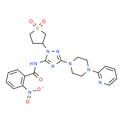 ChemSpider 2D Image | N-{1-(1,1-Dioxidotetrahydro-3-thiophenyl)-3-[4-(2-pyridinyl)-1-piperazinyl]-1H-1,2,4-triazol-5-yl}-2-nitrobenzamide | C22H24N8O5S