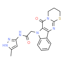 ChemSpider 2D Image | 2H-[1,3]thiazino[3',2':1,2]pyrimido[5,4-b]indole-7(6H)-acetamide, 3,4-dihydro-N-(3-methyl-1H-pyrazol-5-yl)-6-oxo- | C19H18N6O2S
