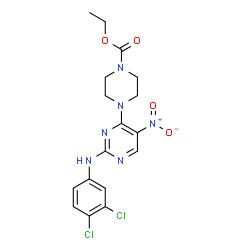 ChemSpider 2D Image | Ethyl 4-{2-[(3,4-dichlorophenyl)amino]-5-nitro-4-pyrimidinyl}-1-piperazinecarboxylate | C17H18Cl2N6O4