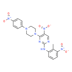ChemSpider 2D Image | N-(2-Methyl-3-nitrophenyl)-5-nitro-4-[4-(4-nitrophenyl)-1-piperazinyl]-2-pyrimidinamine | C21H20N8O6