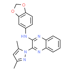 ChemSpider 2D Image | N-(1,3-Benzodioxol-5-yl)-3-(3,5-dimethyl-1H-pyrazol-1-yl)-2-quinoxalinamine | C20H17N5O2
