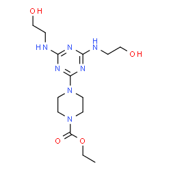 ChemSpider 2D Image | Ethyl 4-{4,6-bis[(2-hydroxyethyl)amino]-1,3,5-triazin-2-yl}-1-piperazinecarboxylate | C14H25N7O4