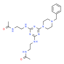 ChemSpider 2D Image | N,N'-{[6-(4-Benzyl-1-piperazinyl)-1,3,5-triazine-2,4-diyl]bis(imino-2,1-ethanediyl)}diacetamide | C22H33N9O2