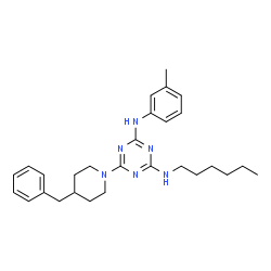 ChemSpider 2D Image | 6-(4-Benzyl-1-piperidinyl)-N-hexyl-N'-(3-methylphenyl)-1,3,5-triazine-2,4-diamine | C28H38N6