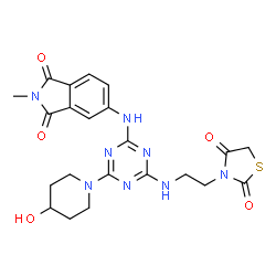 ChemSpider 2D Image | 5-{[4-{[2-(2,4-Dioxo-1,3-thiazolidin-3-yl)ethyl]amino}-6-(4-hydroxy-1-piperidinyl)-1,3,5-triazin-2-yl]amino}-2-methyl-1H-isoindole-1,3(2H)-dione | C22H24N8O5S