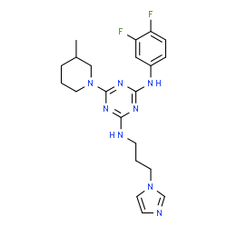 ChemSpider 2D Image | N-(3,4-Difluorophenyl)-N'-[3-(1H-imidazol-1-yl)propyl]-6-(3-methyl-1-piperidinyl)-1,3,5-triazine-2,4-diamine | C21H26F2N8