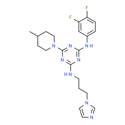 ChemSpider 2D Image | N-(3,4-Difluorophenyl)-N'-[3-(1H-imidazol-1-yl)propyl]-6-(4-methyl-1-piperidinyl)-1,3,5-triazine-2,4-diamine | C21H26F2N8