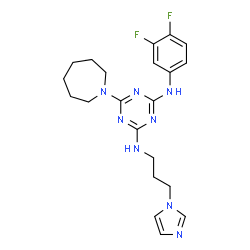 ChemSpider 2D Image | 6-(1-Azepanyl)-N-(3,4-difluorophenyl)-N'-[3-(1H-imidazol-1-yl)propyl]-1,3,5-triazine-2,4-diamine | C21H26F2N8