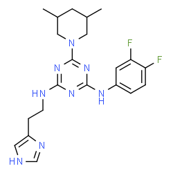 ChemSpider 2D Image | N-(3,4-Difluorophenyl)-6-(3,5-dimethyl-1-piperidinyl)-N'-[2-(1H-imidazol-4-yl)ethyl]-1,3,5-triazine-2,4-diamine | C21H26F2N8