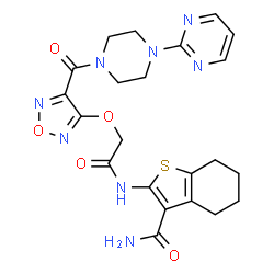 ChemSpider 2D Image | 2-({[(4-{[4-(2-Pyrimidinyl)-1-piperazinyl]carbonyl}-1,2,5-oxadiazol-3-yl)oxy]acetyl}amino)-4,5,6,7-tetrahydro-1-benzothiophene-3-carboxamide | C22H24N8O5S