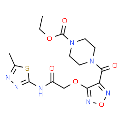 ChemSpider 2D Image | Ethyl 4-[(4-{2-[(5-methyl-1,3,4-thiadiazol-2-yl)amino]-2-oxoethoxy}-1,2,5-oxadiazol-3-yl)carbonyl]-1-piperazinecarboxylate | C15H19N7O6S