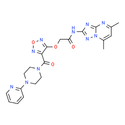 ChemSpider 2D Image | N-(5,7-Dimethyl[1,2,4]triazolo[1,5-a]pyrimidin-2-yl)-2-[(4-{[4-(2-pyridinyl)-1-piperazinyl]carbonyl}-1,2,5-oxadiazol-3-yl)oxy]acetamide | C21H22N10O4