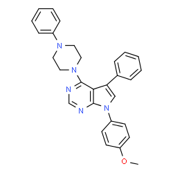ChemSpider 2D Image | 7-(4-Methoxyphenyl)-5-phenyl-4-(4-phenyl-1-piperazinyl)-7H-pyrrolo[2,3-d]pyrimidine | C29H27N5O
