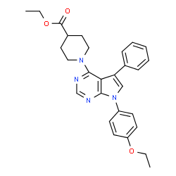 ChemSpider 2D Image | Ethyl 1-[7-(4-ethoxyphenyl)-5-phenyl-7H-pyrrolo[2,3-d]pyrimidin-4-yl]-4-piperidinecarboxylate | C28H30N4O3