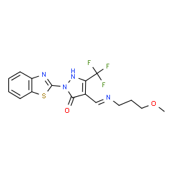 ChemSpider 2D Image | 2-(1,3-Benzothiazol-2-yl)-4-{(E)-[(3-methoxypropyl)imino]methyl}-5-(trifluoromethyl)-1,2-dihydro-3H-pyrazol-3-one | C16H15F3N4O2S