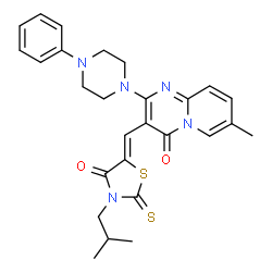 ChemSpider 2D Image | 3-[(Z)-(3-Isobutyl-4-oxo-2-thioxo-1,3-thiazolidin-5-ylidene)methyl]-7-methyl-2-(4-phenyl-1-piperazinyl)-4H-pyrido[1,2-a]pyrimidin-4-one | C27H29N5O2S2