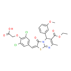 ChemSpider 2D Image | (2,6-Dichloro-4-{(E)-[6-(ethoxycarbonyl)-5-(3-methoxyphenyl)-7-methyl-3-oxo-5H-[1,3]thiazolo[3,2-a]pyrimidin-2(3H)-ylidene]methyl}phenoxy)acetic acid | C26H22Cl2N2O7S