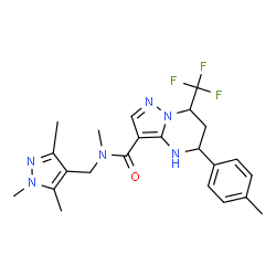 ChemSpider 2D Image | N-Methyl-5-(4-methylphenyl)-7-(trifluoromethyl)-N-[(1,3,5-trimethyl-1H-pyrazol-4-yl)methyl]-4,5,6,7-tetrahydropyrazolo[1,5-a]pyrimidine-3-carboxamide | C23H27F3N6O