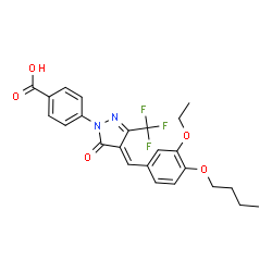 ChemSpider 2D Image | 4-[(4E)-4-(4-Butoxy-3-ethoxybenzylidene)-5-oxo-3-(trifluoromethyl)-4,5-dihydro-1H-pyrazol-1-yl]benzoic acid | C24H23F3N2O5
