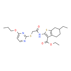 ChemSpider 2D Image | Ethyl 6-ethyl-2-({[(4-propoxy-2-pyrimidinyl)sulfanyl]acetyl}amino)-4,5,6,7-tetrahydro-1-benzothiophene-3-carboxylate | C22H29N3O4S2