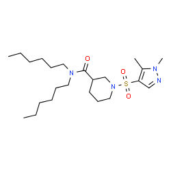 ChemSpider 2D Image | 1-[(1,5-Dimethyl-1H-pyrazol-4-yl)sulfonyl]-N,N-dihexyl-3-piperidinecarboxamide | C23H42N4O3S
