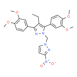 ChemSpider 2D Image | 3,5-Bis(3,4-dimethoxyphenyl)-4-ethyl-1-[(3-nitro-1H-pyrazol-1-yl)methyl]-1H-pyrazole | C25H27N5O6