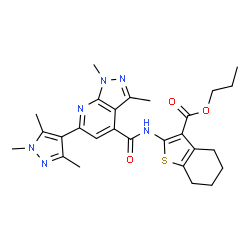 ChemSpider 2D Image | Propyl 2-({[1,3-dimethyl-6-(1,3,5-trimethyl-1H-pyrazol-4-yl)-1H-pyrazolo[3,4-b]pyridin-4-yl]carbonyl}amino)-4,5,6,7-tetrahydro-1-benzothiophene-3-carboxylate | C27H32N6O3S
