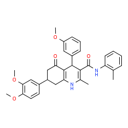 ChemSpider 2D Image | 7-(3,4-Dimethoxyphenyl)-4-(3-methoxyphenyl)-2-methyl-N-(2-methylphenyl)-5-oxo-1,4,5,6,7,8-hexahydro-3-quinolinecarboxamide | C33H34N2O5