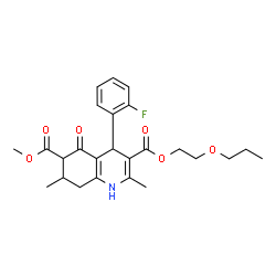 ChemSpider 2D Image | 6-Methyl 3-(2-propoxyethyl) 4-(2-fluorophenyl)-2,7-dimethyl-5-oxo-1,4,5,6,7,8-hexahydro-3,6-quinolinedicarboxylate | C25H30FNO6