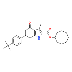 ChemSpider 2D Image | Cyclooctyl 3-methyl-6-[4-(2-methyl-2-propanyl)phenyl]-4-oxo-4,5,6,7-tetrahydro-1H-indole-2-carboxylate | C28H37NO3